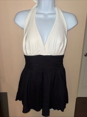 CAROL WOIR VINTAGE White and Black Halter One-Piece SWIMSUIT Swimdress 10
